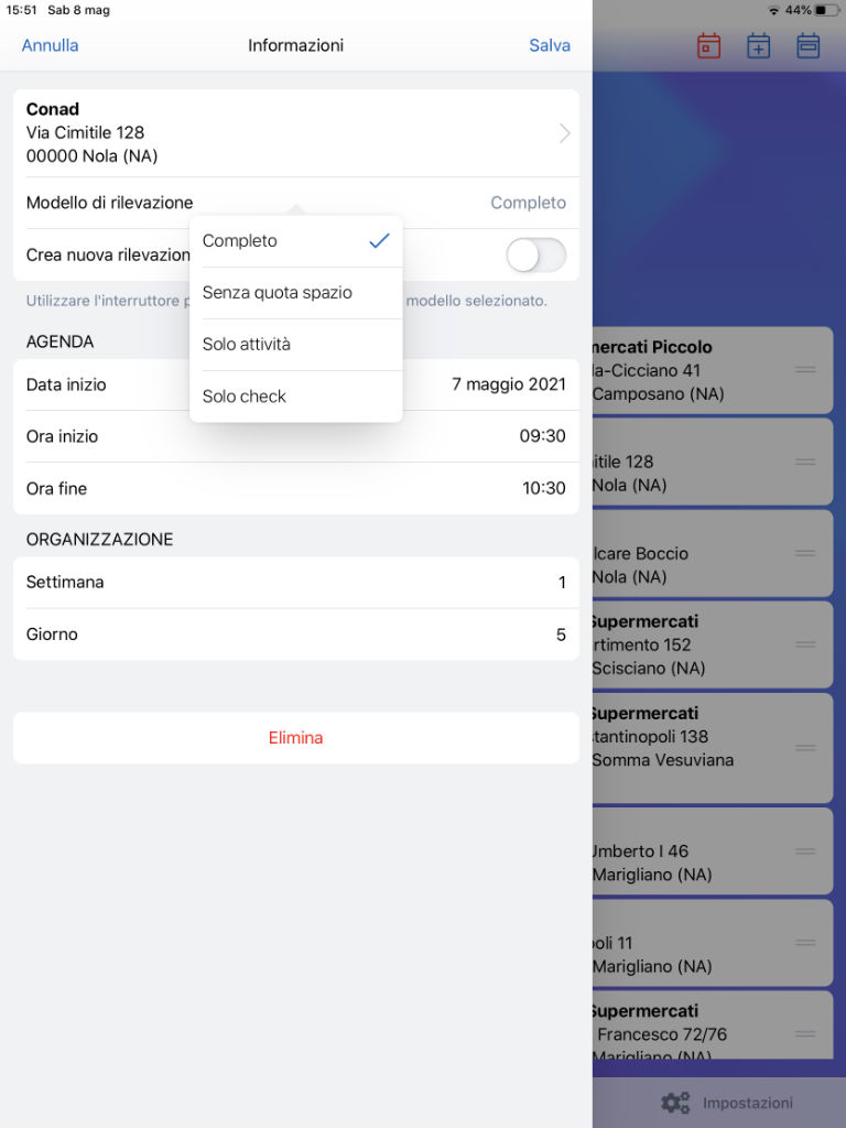 Schermata di selezione del modello di rilevazione in Easeeapp