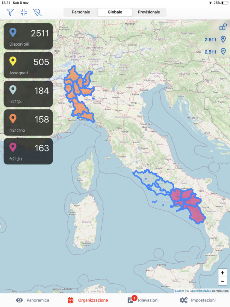 Schermata della mappa geografica con aree di lavoro in Easeeapp