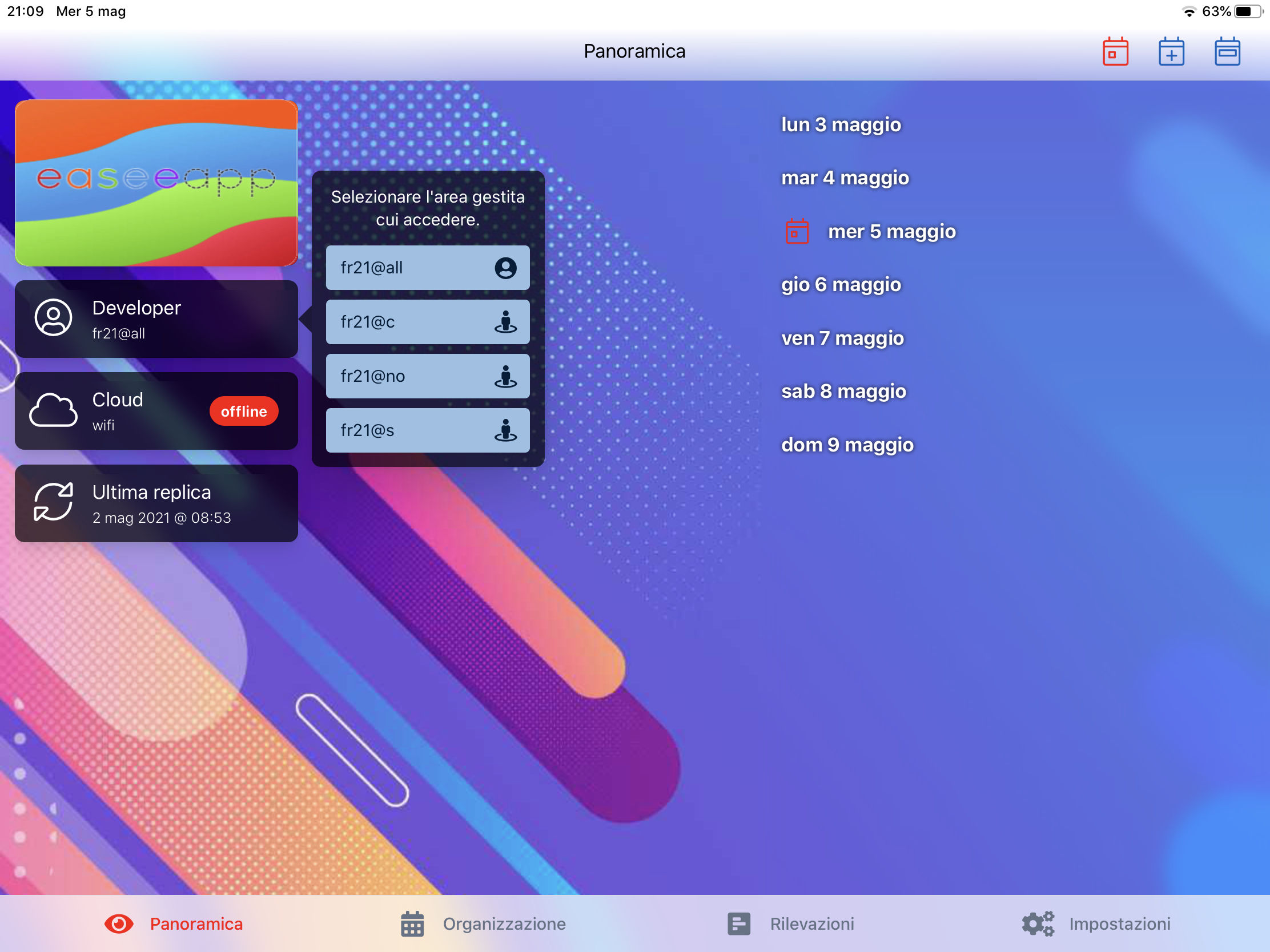 Schermata di selezione area e utente nell'app Easeeapp su iPad